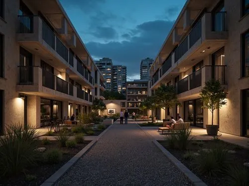 Rugged brutalist apartment complex, raw concrete walls, industrial metal railings, sparse greenery, succulent plants, gravel pathways, urban cityscape, dramatic nighttime lighting, moody shadows, bold