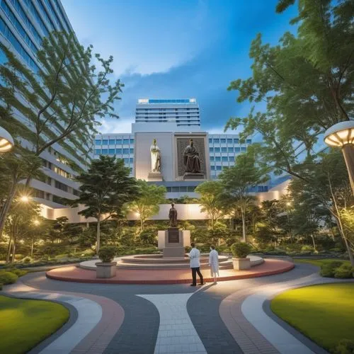 a courtyard at dusk with several small trees surrounding it,dlsu,mahidol,trisakti,marunouchi,omotesando,senayan,Photography,General,Realistic