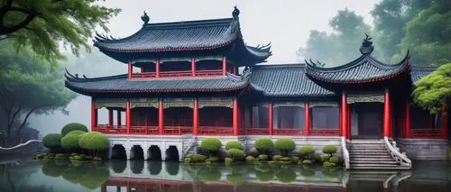 Traditional Chinese architecture, intricate wooden carvings, curved tiled roofs, vibrant red walls, golden dragon decorations, lanterns hanging from eaves, misty morning atmosphere, fog surrounding an