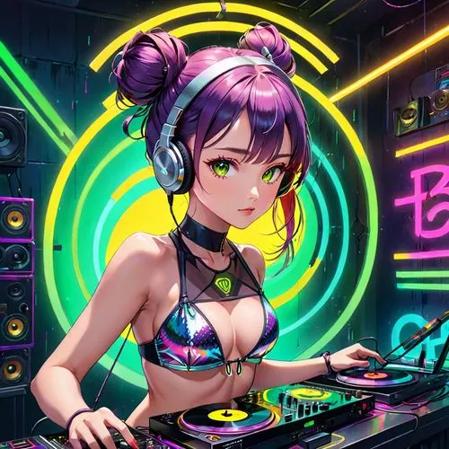 Holographic effect, in front of a wall full of yellow-green and purple-red gradient neon tubes, 8k, ultra-high definition, a handsome female DJ with a Japanese bun, dyed a gradient fashionable hair co