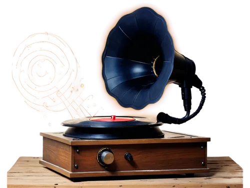 Vinyl record, old-fashioned gramophone, nostalgic, vintage microphone, sound waves, musical notes, headphones, DJ console, vinyl records scattered around, warm lighting, wooden texture, retro style, s