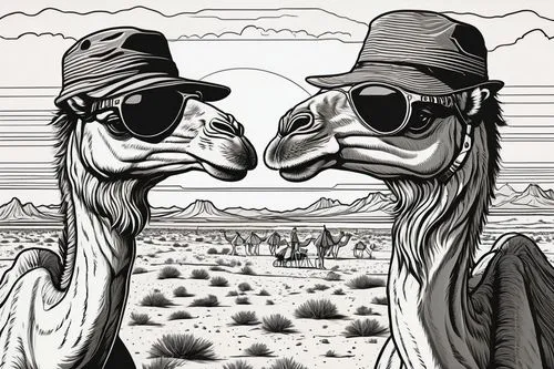 ostriches,ostrich farm,ostrich,two-humped camel,flamingo couple,bird couple,camels,two giraffes,two flamingo,desert safari,dromedaries,line art birds,serengeti,anthropomorphized animals,giraffes,line art animals,safari,desert background,flamingos,camel,Illustration,Black and White,Black and White 18