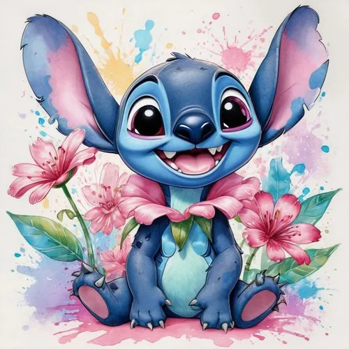 A stylized, animated character resembling Stitch from the "Lilo & Stitch" franchise, shown with a beaming smile and wide eyes, capturing a playful and joyous emotion. Stitch is adorned with a pink flo