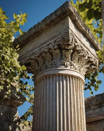 Ancient Greek column, Doric column, ornate capital, fluted shaft, limestone material, weathered texture, ruins setting, overgrown with vines, warm sunlight casting dramatic shadows, low-angle shot, ci