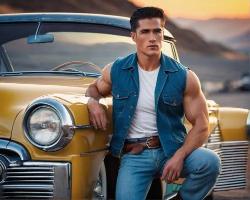 Muscular man, 1950s style, beefcake physique, retro aesthetic, strong facial features, chiseled jawline, piercing blue eyes, slicked back hair, classic sideburns, sleeveless denim shirt, fitted white 