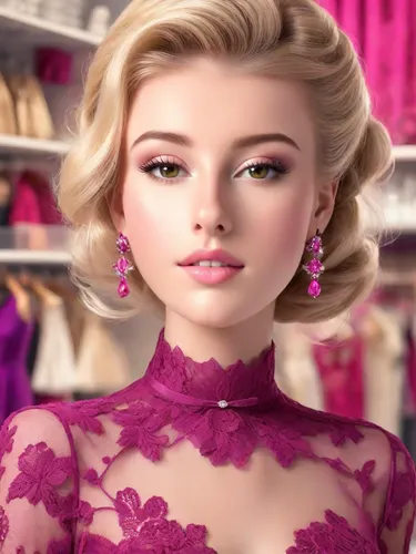 gorgeous blonde lady, with a posh updo hairstyle and a magenta-coloured lacy dress, photorealistic.,barbie,doll's facial features,barbie doll,realdoll,elsa,fashion dolls,fashion doll,pink beauty,femal