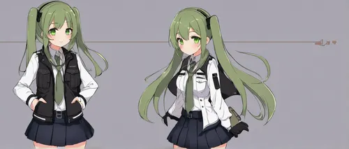 a uniform,patrol,anchovy,arugula,military uniform,uniforms,long-haired hihuahua,uniform,gyokuro,green aurora,3d model,green background,tsumugi kotobuki k-on,3d rendered,ar-15,medium clover,nori,chuka wakame,chlorophyll,water spinach,Illustration,Children,Children 06