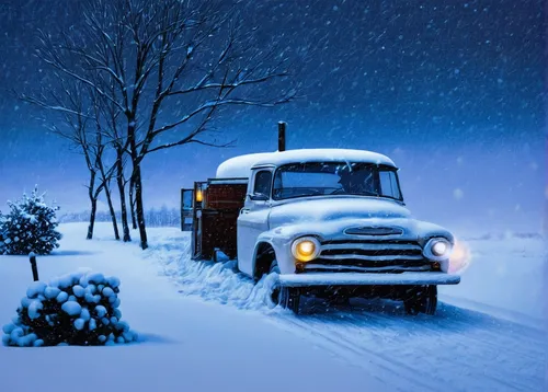 Write a suspenseful tale of a group of friends getting lost in a mysterious winter storm.,snow scene,winter service,snowplow,tractor trailer,christmas travel trailer,christmas pick up truck,christmas 