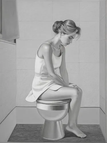 Sitting woman,a woman in white shirt and dress sitting on a toilet,defecate,potty,toilet seat,toilet,urinal,defecation,Photography,Black and white photography,Black and White Photography 04