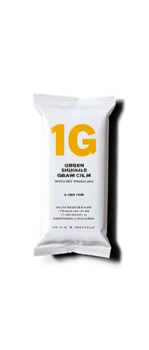 Small gram packet, white background, rectangular shape, rounded edges, transparent plastic, golden lettering, "1g" written in bold font, slight shadows, soft focus, overhead lighting, 3/4 composition,