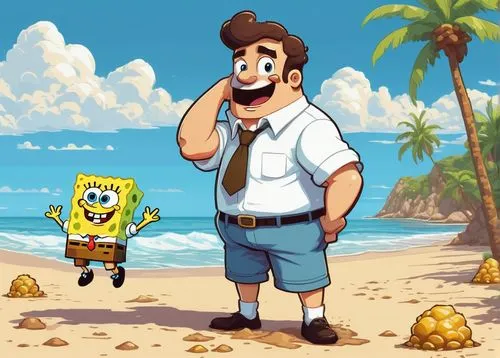 SpongeBob SquarePants, pixel art style, bright yellow skin, blue eyes, white teeth, optimistic smile, messy brown hair, casual posture, leaning forward, hands clasped together, wearing a white shirt w