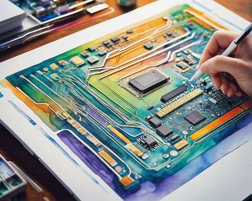 printed circuit board,circuit board,circuitry,photolithographic,meticulous painting,microcircuits,photolithography,painting technique,watercolourist,soldering,serigraphs,imagineering,integrated circuit,microprocessors,industriousness,computer art,reprocessors,circuitously,microelectronics,coprocessor,Illustration,Paper based,Paper Based 25