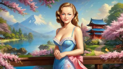 Romantic masterpiece oil painting, cute shrine maiden girl portrait, nostalgic 1950's style kitsch, beautiful exotic Japanese landscape, cherry blossom park scenery, Japanese sakura, flower petals, by