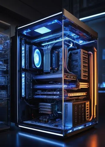 Computer motherboard, futuristic laboratory, bright LED lights, metallic surfaces, wires and circuits, CPU tower, GPU unit, RAM sticks, hard drive, power supply, water cooling system, tubes and pipes,