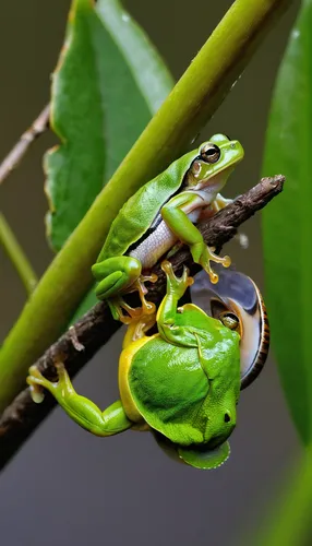 Mandatory Credit: Photo by Lessy Sebastian/Solent News/REX Shutterstock (2647080c) The snail slides over the sleeping frog's back Snail slides across the back of a sleeping frog, Jakarta, Indonesia - 