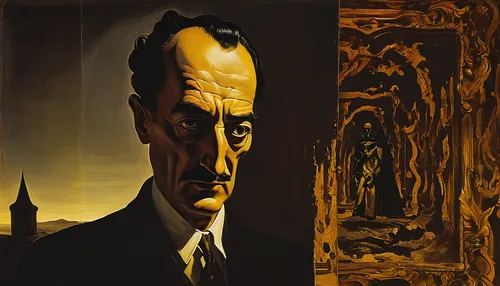 dali,hesse,holmes,el salvador dali,c m coolidge,self-portrait,twenties of the twentieth century,gold lacquer,braque saint-germain,smoking man,walt,meticulous painting,bloned portrait,fountainhead,ervin hervé-lóránth,george paris,art dealer,matruschka,gold paint stroke,gothic portrait,Art,Artistic Painting,Artistic Painting 20