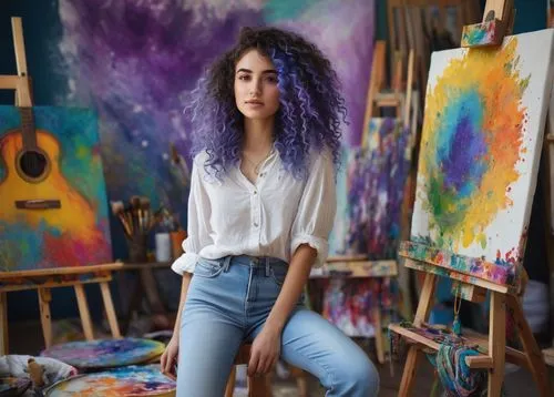 Aquarius woman, artistic, 25yo, curly blue hair, bold eyebrows, bright purple eyeliner, nose ring, bohemian clothing, flowy white shirt, high-waisted bell-bottom jeans, colorful woven bag, barefoot, s