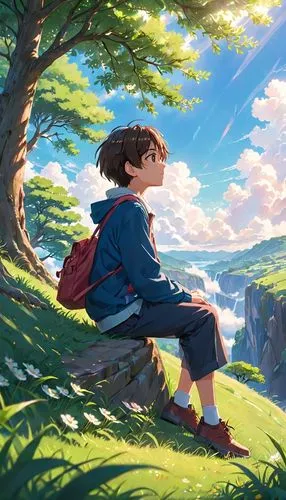 studio ghibli,ghibli,arrietty,ponyo,hoenn,wander,hosoda,yazaki,discovering,earthbound,grassy,summer day,terabithia,little world,children's background,atmosphere,girl and boy outdoor,dream world,miyazaki,blue sky,Anime,Anime,Realistic