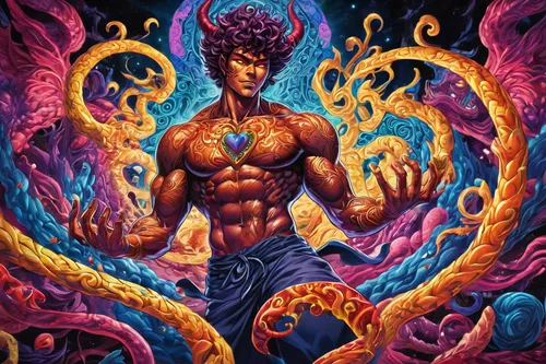 jheri curl,sea god,poseidon,brahma,medusa gorgon,cobra,afroamerican,aquarius,medusa,god of the sea,afro-american,tentacles,gorgon,merman,dr. manhattan,chakra,sea man,skordalia,chaka,scorpio,Illustration,Realistic Fantasy,Realistic Fantasy 39