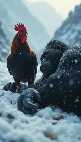 A highly dramatic, realistic battle scene between a furious rooster and a defeated gorilla, set in a snowy mountain landscape. The dark-feathered rooster stands victoriously, while the massive gorilla