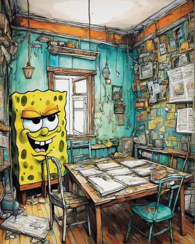 house of sponge bob,sponge bob,sponges,fallout4,sponge,abandoned room,colored pencil background,chernobyl,study room,in a working environment,plankton,background paper,vincent van gogh,school work,mess in the kitchen,chair png,pubs,writing paper,vincent van gough,deep frying,Illustration,Realistic Fantasy,Realistic Fantasy 23