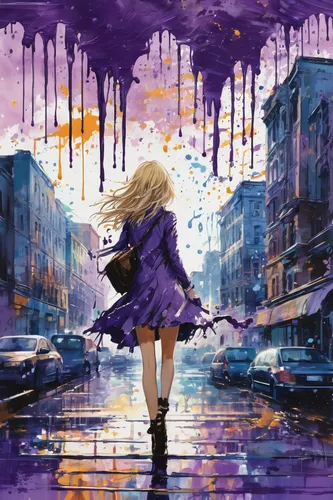 la violetta,girl walking away,violet,walking in the rain,ultraviolet,violet evergarden,purple,purple frame,monsoon,purple background,in the rain,world digital painting,purple landscape,viola,tsumugi kotobuki k-on,purple wallpaper,little girl in wind,watercolor background,libra,pedestrian,Conceptual Art,Graffiti Art,Graffiti Art 08