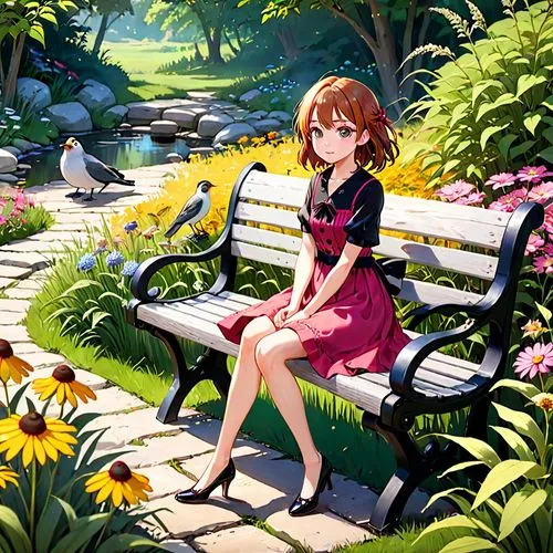 kumiko,garden bench,chihiro,printemps,girl in the garden,sakura background,Anime,Anime,Traditional