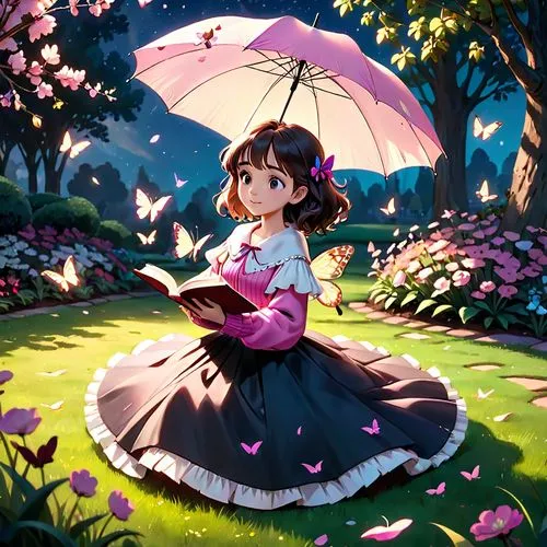 In the heart of a vibrant garden, a young woman finds solace under her umbrella. The umbrella is adorned with butterflies, their wings spread wide in a dance of colors. She's dressed in a pink sweater