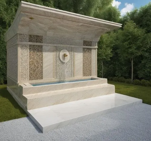 a fountain with two taps, marble, natural stone, marble in different tones, marble skirting, cylindrical marble mosaic, marble thin line sheet, marble profile sheet, slate split surface mosaic,the mem