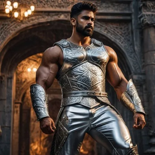 A son of Zeus as a full god, wearing a silver metal vest, silver  metal pants, and silver metal boots, with powerful muscles, Indian, insanely handsome,atharva,dhritarashtra,bahubali,bhishma,ranveer,p