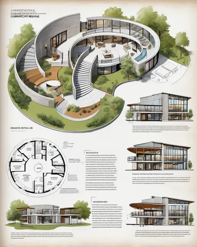 (magazine layout:1.2) of a circular residence with (construction material suggestion:1.2), with layout plan, an open central courtyard, curved walls, (a central skylight: 1.2), and multiple levels con