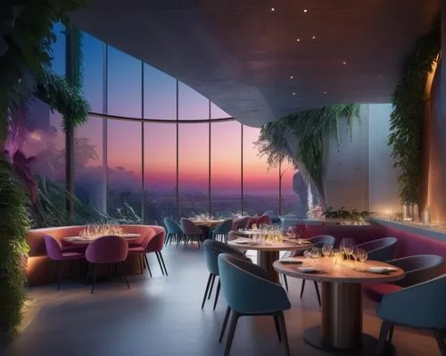 A luxury restaurant inspired by Zaha Hadid and Gray with exposed concrete elements and colored glass and with lots of light and a romantic atmosphere,fine dining restaurant,new york restaurant,outdoor