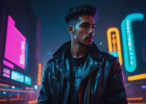 neon lights,pompadour,neon light,cyberpunk,neon,neon sign,80s,neon arrows,city lights,spotify icon,neon ghosts,jacket,vapor,neon coffee,citylights,dusk background,city ​​portrait,futuristic,electric,mohawk,Illustration,Vector,Vector 05