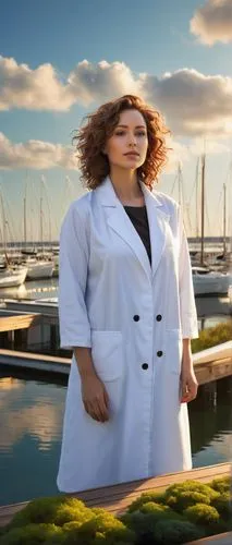 Floating architecture, futuristic design, Lisa Baker, solo, (30yo), beautiful detailed eyes, light makeup, curly brown hair, white lab coat, standing, observing, water surroundings, calm ocean, sunny 