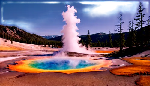 Yellowstone National Park, landscape photography, daytime, sunny weather, geysers erupting, hot springs, vibrant yellow and orange hues, steam rising, rocky terrain, pine trees, majestic mountains, pa