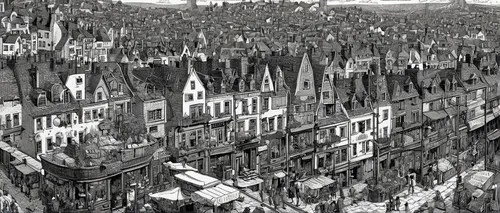 destroyed city,bremen,edinburgh,row of houses,townscape,york,escher village,1921,delft,1925,slum,1929,1926,gaudí,dresden,shaftesbury,half-timbered,row houses,roofs,terraced,Illustration,Black and White,Black and White 09