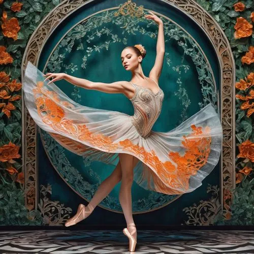 The photograph depicts a masterpiece of music and art, with vibrant greenery and intricate carvings adorning the background. In the center of the image, a diamond-shaped ballerina can be seen dancing 