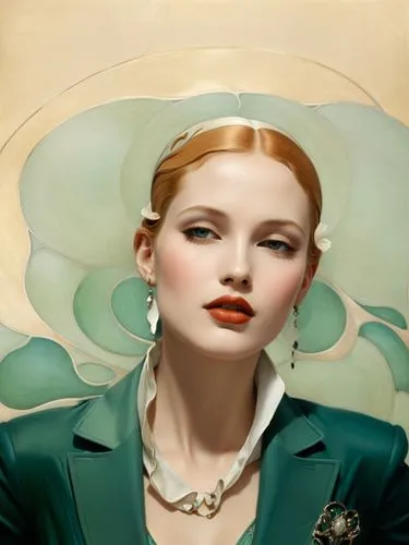 A perfect woman.,a lady with a green suit is wearing earrings and a green coat,art deco woman,guccione,jingna,art deco background,attendant,guerlain,Illustration,Retro,Retro 08