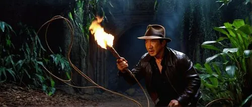 Indiana Jones, Jackie Chan, adventurous, 40s, rugged, fedora hat, leather jacket, bullwhip, treasure map, ancient temple, jungle ruins, exotic plants, vines, torches, dusty atmosphere, warm lighting, 