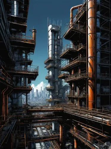 arcology,industrial landscape,refinery,refineries,oil refinery,industrial area,cybertown,cybercity,refineria,industrial ruin,industrial,metropolis,futuristic landscape,cyberport,neuromancer,industries,industrialization,megastructures,industrialism,microdistrict,Illustration,Japanese style,Japanese Style 18