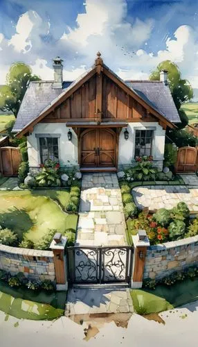 Create an illustration of a single-story U-shaped house with a wooden gate, sliding doors, a kitchen featuring an island and a range hood tower, and four bedrooms. Please depict all rooms and environm