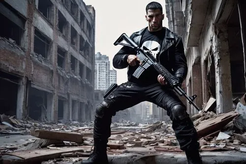 Muscular man, Punisher costume, helmet, black leather jacket, torn pants, combat boots, holding M4A1 rifle, intense facial expression, urban cityscape, abandoned building, broken windows, debris scatt