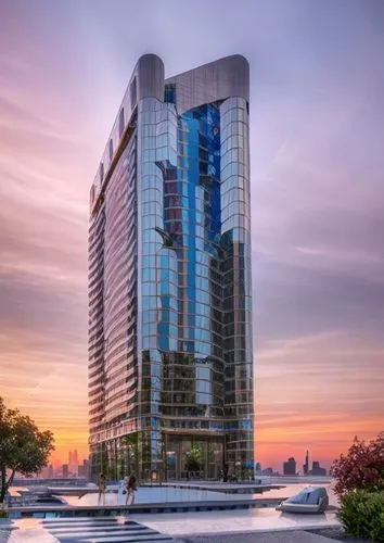 photo realistic dusk time shot. High reflective glass of surrounding lights.  city skyline in the backfround,largest hotel in dubai,tallest hotel dubai,jumeirah beach hotel,jumeirah,united arab emirat