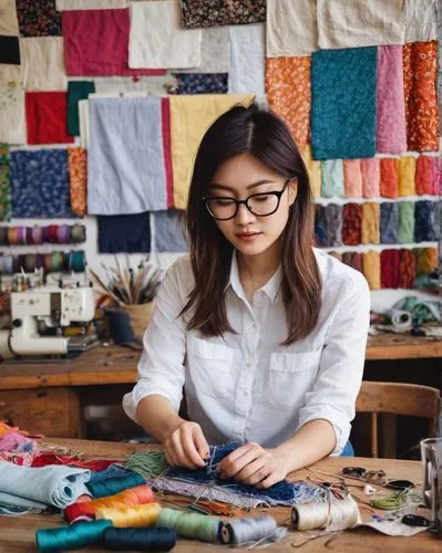 Patch creator, young adult, messy brown hair, thick-framed glasses, casual wear, white shirt, ripped jeans, sneakers, surrounded by colorful fabric scraps, threads, needles, and sewing machines, works