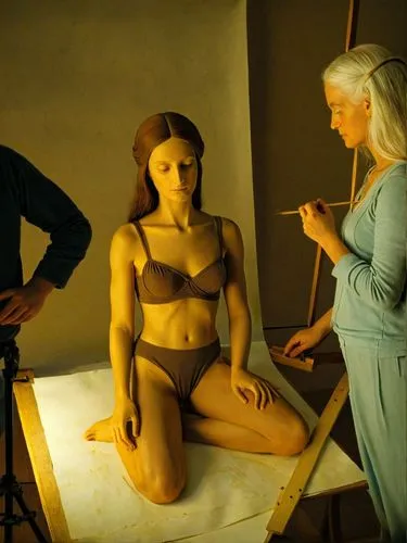 A model is being prepared by Leonardo da Vinci for his next painting.,two people on a white board drawing a female figure,sculptor,bodypainting,video scene,sculpting,artist's mannequin,wooden mannequi