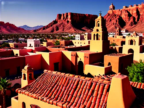 Durango city, Mexican state, desert landscape, adobe buildings, Spanish colonial architecture, red-tiled roofs, bell towers, vibrant colors, warm lighting, afternoon sun, 3/4 composition, shallow dept