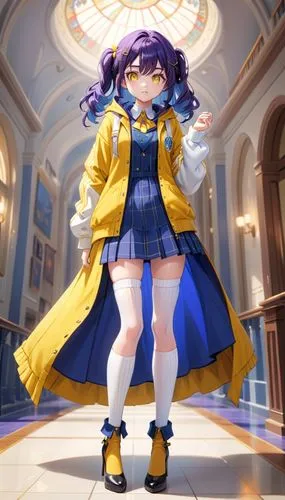 Female with indigo purple hair, yellow eyes, light academia clothing style, curvy, dress, heels, white over knee socks,a woman with long purple hair wearing a coat,seiran,michiru,komuna,kanon,nanami,l