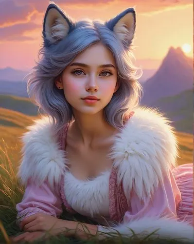 Anthropomorphic girl, blue wolf ears, fluffy tail, white fur trim, cute facial expression, bright brown eyes, pink nose, soft focus, warm lighting, pastel color tone, fantasy background, misty atmosph