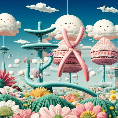 fairy world,mushroom landscape,fantasy city,3d fantasy,delight island,wonderland,blooming field,fantasy world,panoramical,cosmos field,mushroom island,dream world,cartoon flowers,cartoon forest,seaside resort,flower garden,springtime background,children's background,flower field,fairy village,Calligraphy,Illustration,Cartoon Illustration