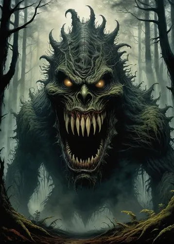 The appearance of a large monster, strange in shape, with scary teeth, the surroundings are covered in darkness, there is fog, and the mouth is wide open.,lycanthrope,werewolve,jayasimha,bunyip,lycant